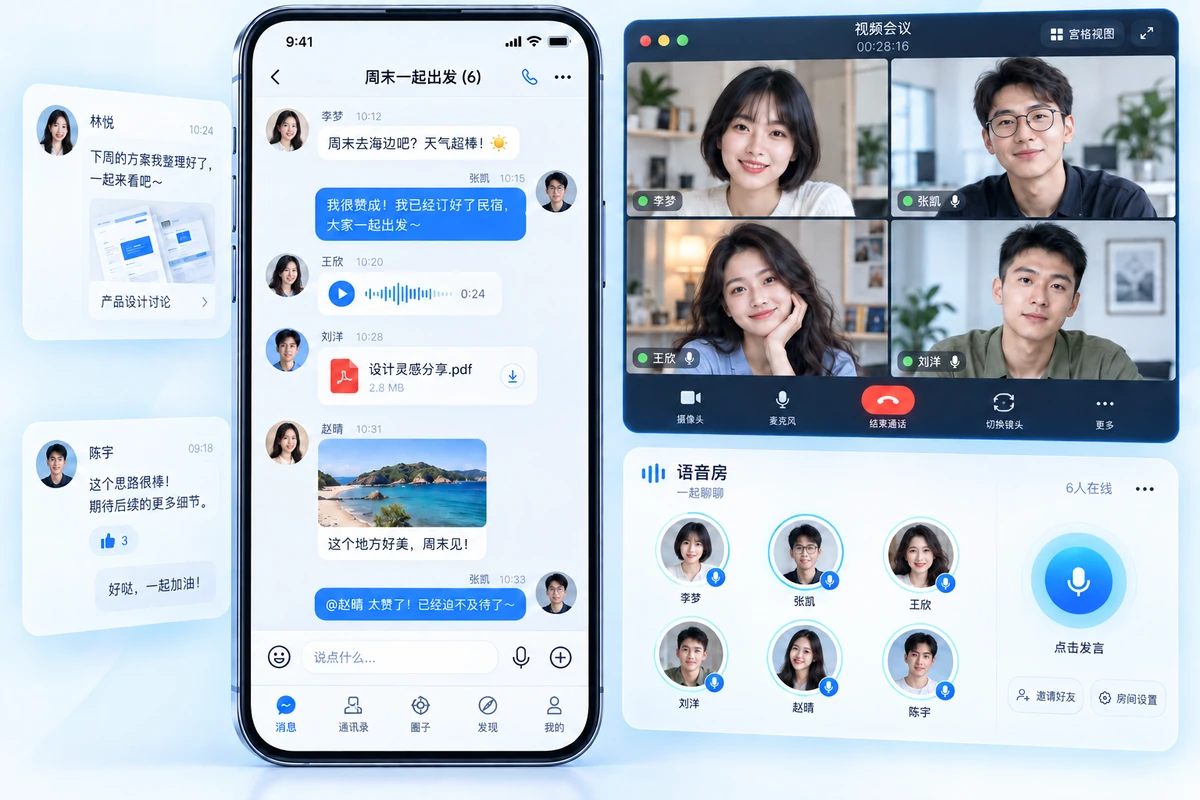 聊天、群组音视频和语聊房组成的即时通讯产品界面示意