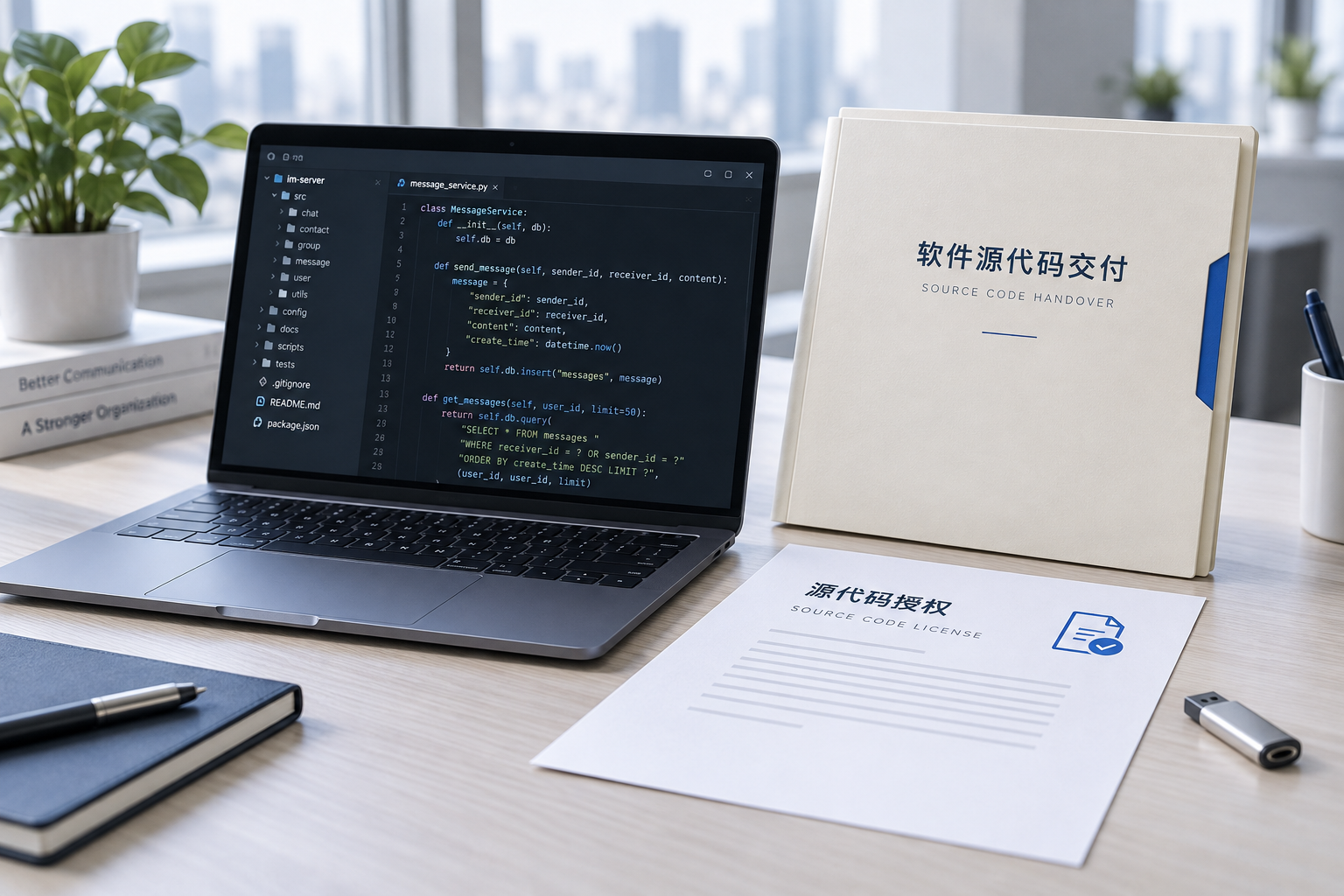 源码授权与交付示意：代码工作台、源代码交付文件及授权文档