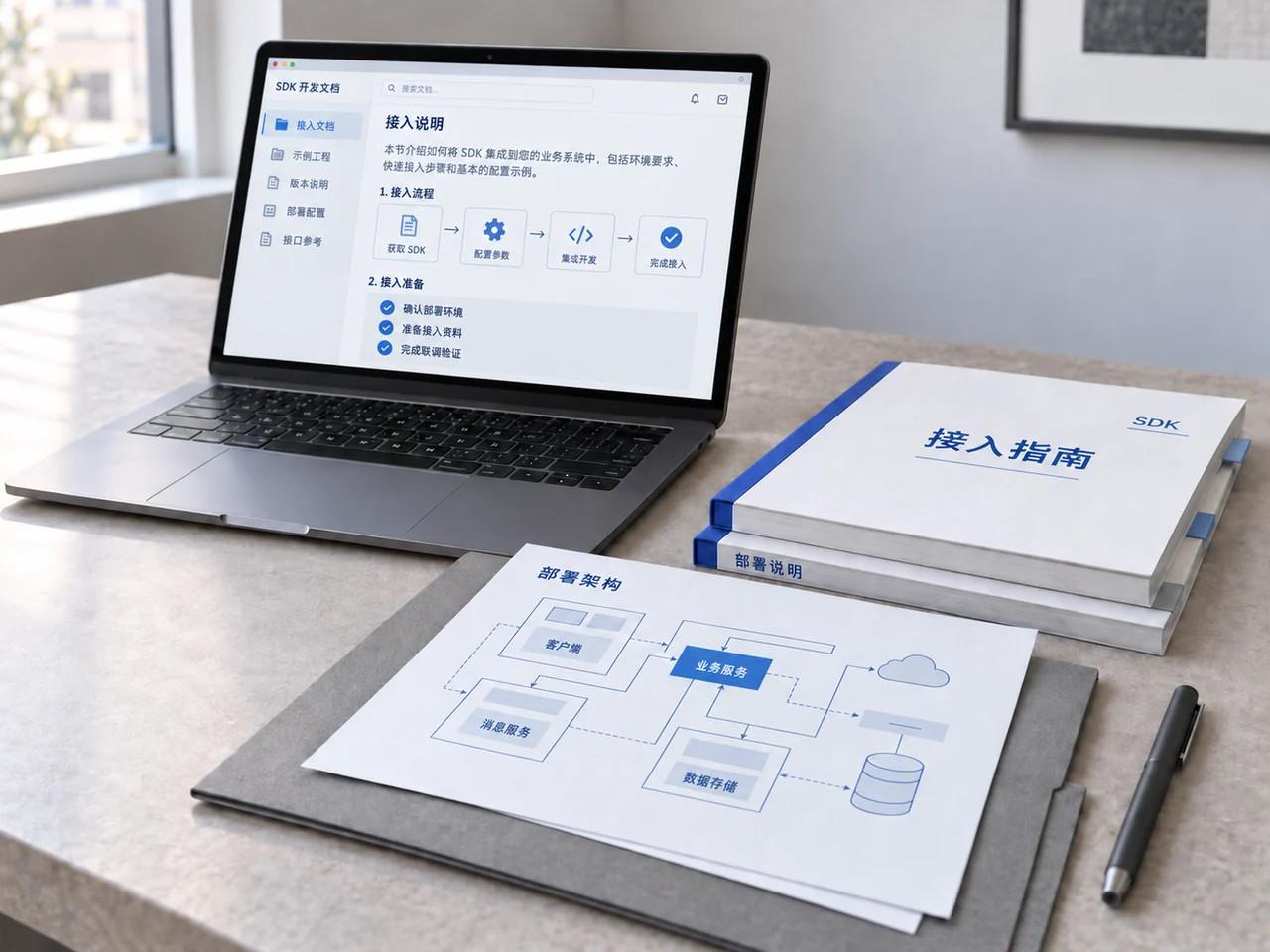 开发环境、技术文档和项目交付资料的工作场景视觉示意